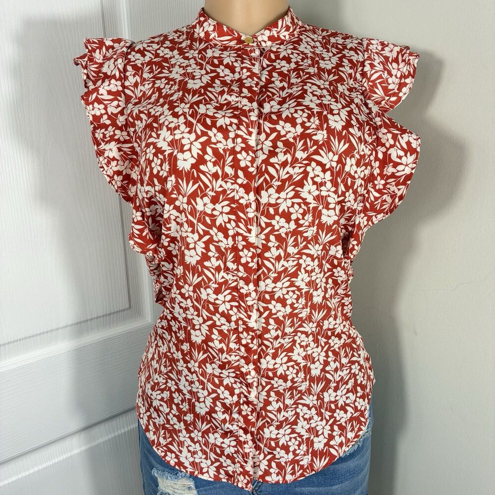 Ralph Lauren Floral Blouse Womens Sz PM/M Red White Button Up Flutter Cap Sleeve